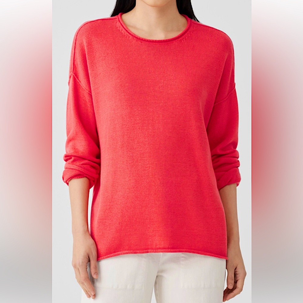 Eileen Fisher Organic Cotton Tunic Sweater. Coral , Exposed Seams.Woman’s Size M